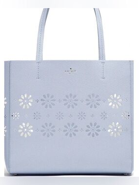 Kate Spade Blue Pebbled Leather Faye Drive Hallie Tote Bag Perforated Flowers